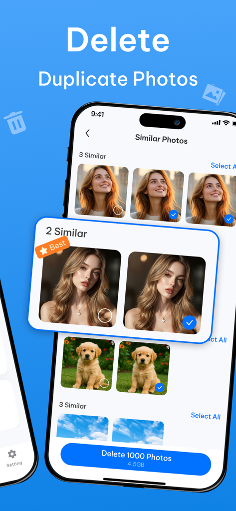 Photo Cleaner app interface showing a list of similar photos including portraits and pets ready for bulk deletion to free up storage space