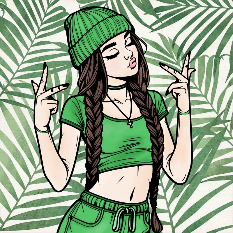 realistic teenage girl with braids and a beanie and crop top doing 🫶🏼