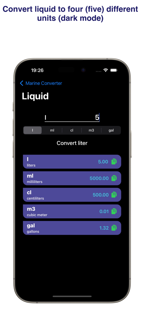 Marine Converter - Marine Converter app interface showing liquid volume conversions in dark mode
