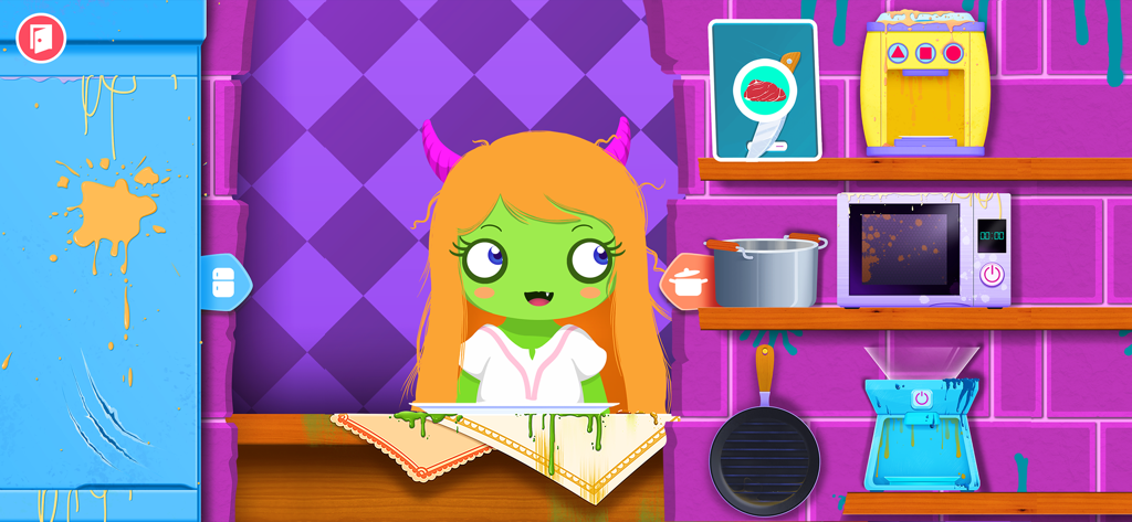 Cooking Games for kids - A green monster character with orange hair sitting at a kitchen counter with various cooking appliances on shelves