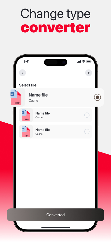 PDF Converter:  Files Editor - Una pantalla de smartphone que muestra el proceso de selección de archivos para la conversión de PDF.