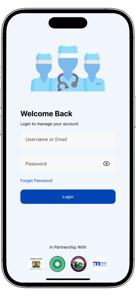 KeNuM - Login screen of the KeNuM app for Kenyan nurses and midwives showing the secure OSP login interface.