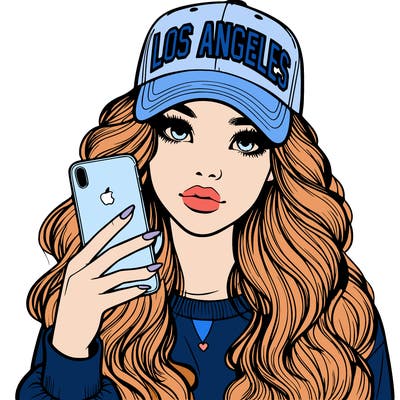 realistic beautiful girl wearing los ángeles cap holding an iphone