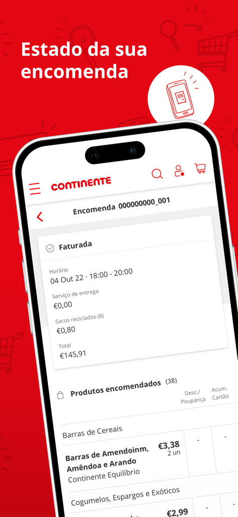 Continente Online app interface showing order status and delivery tracking details