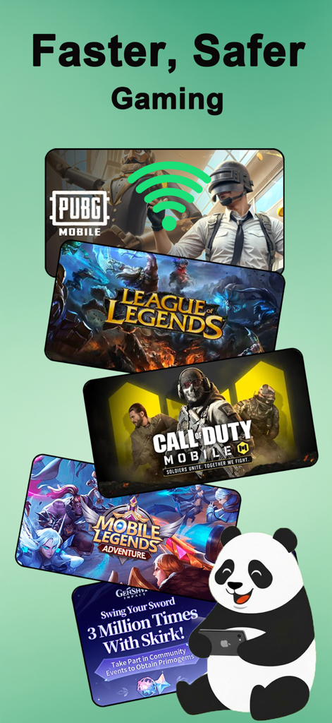 Pantalla de la aplicación PandaVPN mostrando juegos móviles más rápidos y seguros con títulos populares como PUBG y Call of Duty