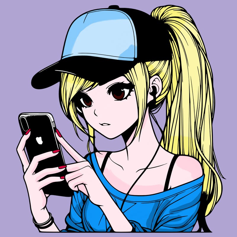 realistic girl with a long ponytail and trucker hat holding an iphone