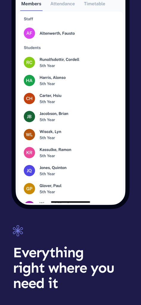 Tyro School - Interface of Tyro School app showing a list of staff and 5th year students under the members tab