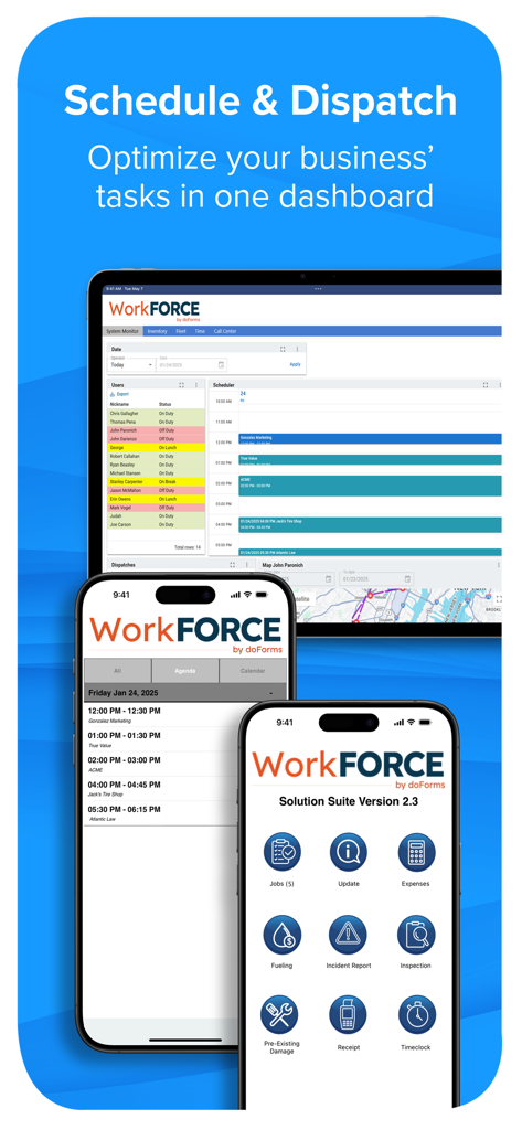 doForms Mobile Data Platform - doForms WorkFORCE mobile app interface showing scheduling and dispatching tools on tablet and smartphone screens.
