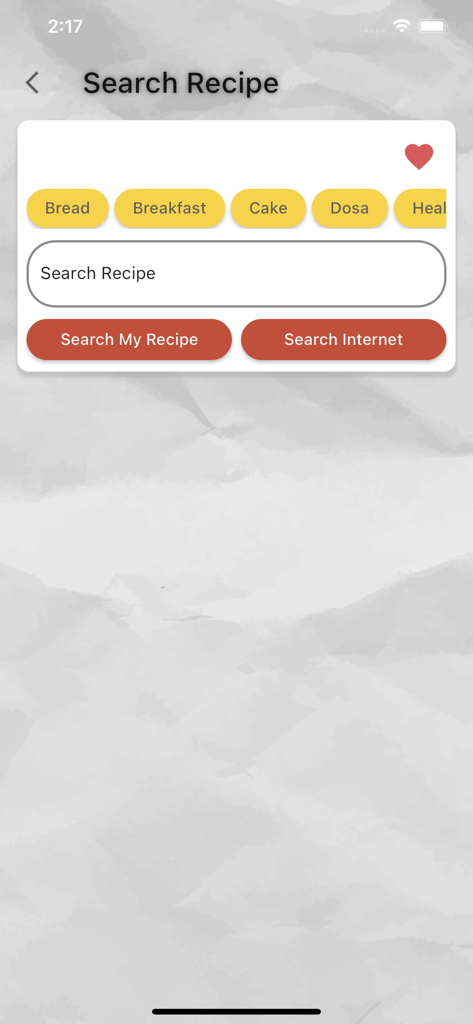Suchoberfläche der Mein Kochbuch App mit Rezeptkategorien und einem Suchfeld