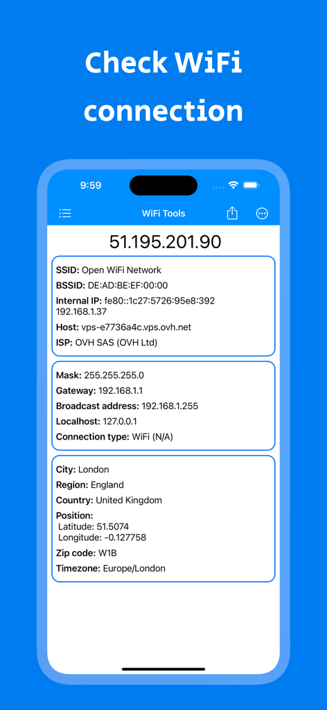 WiFi Tools app interface displaying detailed network connection and location information