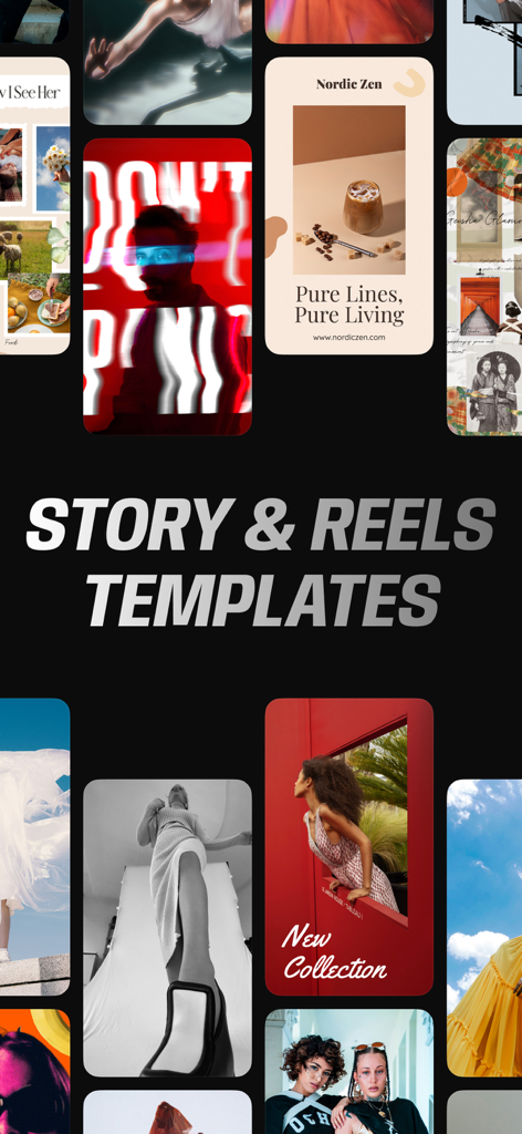 Vistory: Reels Video Editor - A collage of aesthetic video templates for Instagram Reels and Stories from the Vistory app.