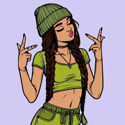 realistic teenage girl with braids and a beanie and crop top doing 🫶🏼