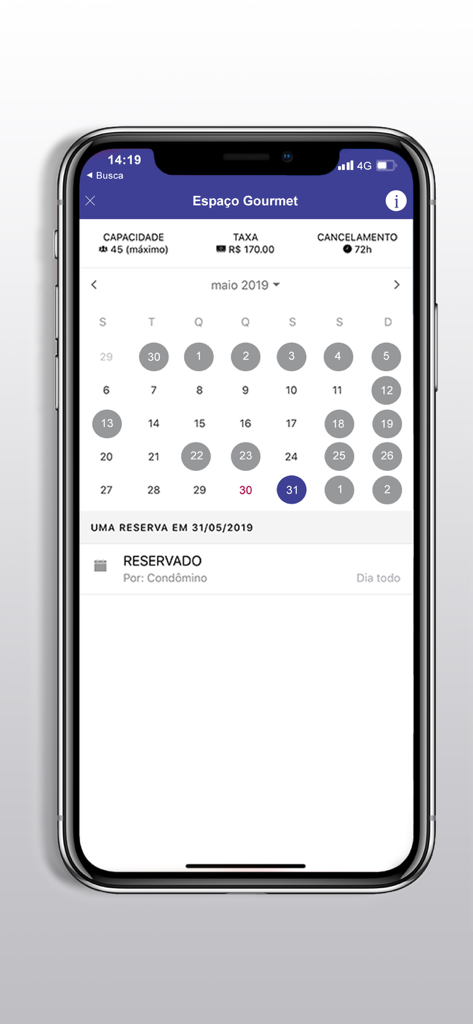 Excel Condomínio Digital - Interfaccia mobile per la pianificazione dei servizi condominiali come lo spazio gourmet con una vista calendario mensile.