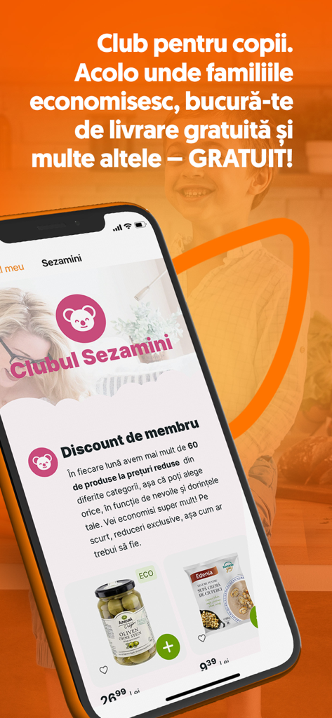 Sezamo - Sezamo mobile app screen showing the Sezamini club with discounts and free delivery for families