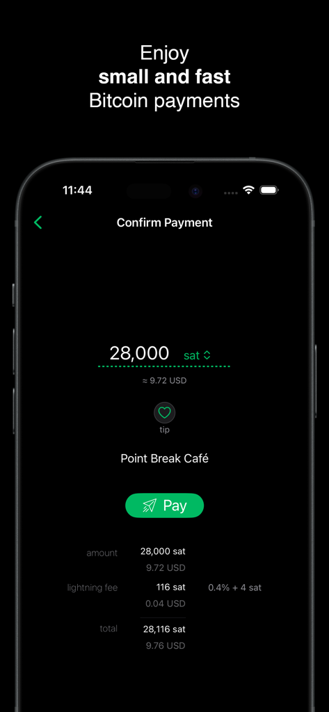 Phoenix Wallet - A screenshot of the Phoenix Wallet app showing a Bitcoin Lightning payment confirmation screen for a purchase at a cafe