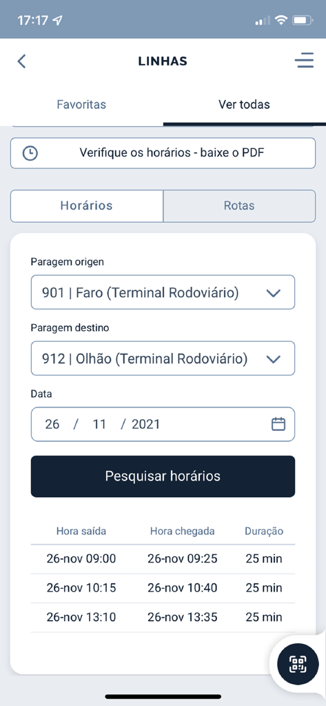 Vamus Algarve bus app showing schedules and travel times between Faro and Olhao
