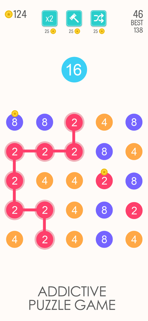 Gameplay mobile minimalista che mostra punti numerati collegati nel gioco puzzle 2 For 2