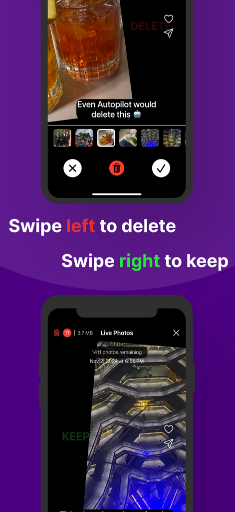 Photo Dump AI - Interface do aplicativo Photo Dump AI mostrando a funcionalidade de deslizar para excluir e deslizar para manter para limpar um rolo da câmera.