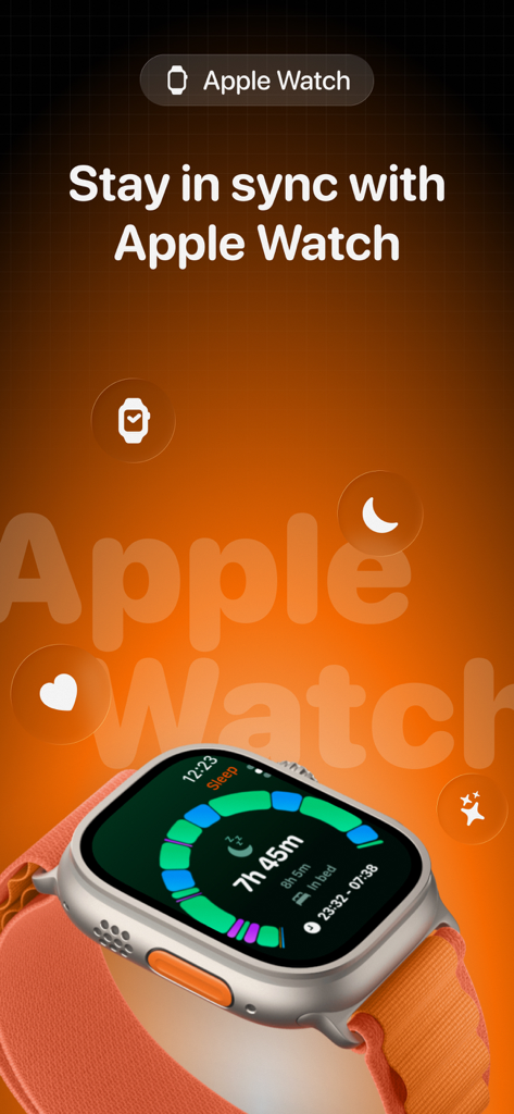 FitWoody: Health Tracker - Interface do aplicativo FitWoody health tracker no Apple Watch exibindo dados de análise de sono