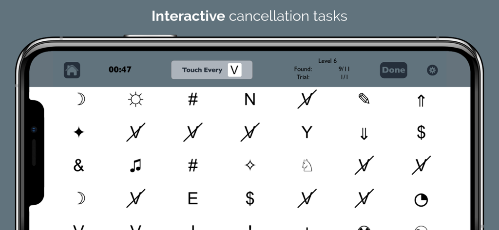 Interactive visual scanning and cancellation task on a smartphone screen showing icons and letters for cognitive rehab