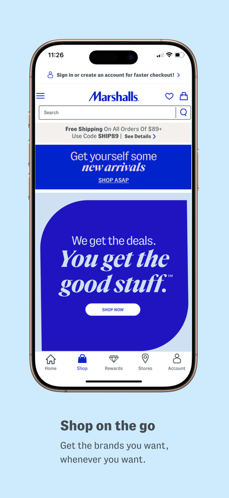 Marshalls Official - Marshalls Officialモバイルアプリのホーム画面。ショッピングのセールやナビゲーションメニューが表示されています