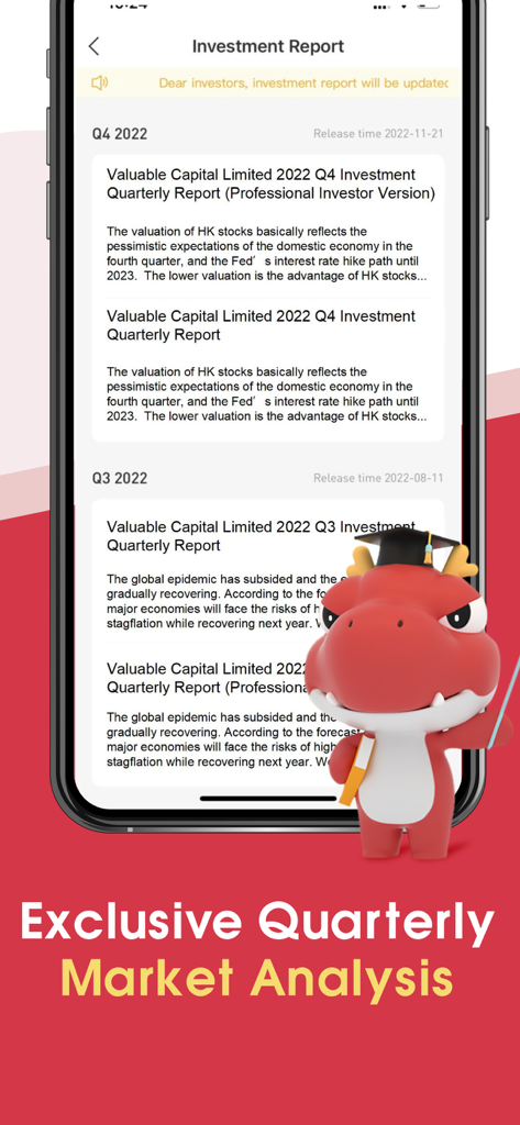 VBrokers-Trade Stock & Option - Mobile interface of VBrokers app showing quarterly investment reports and market analysis