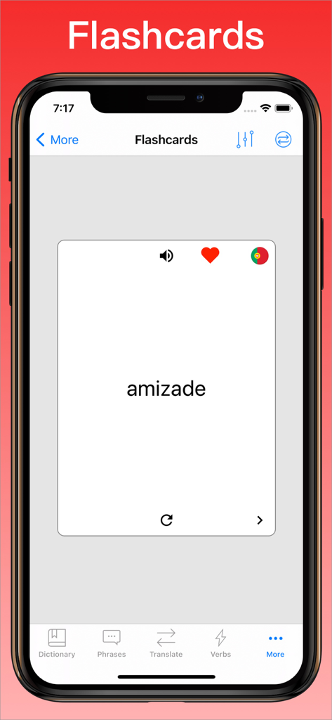 ポルトガル語翻訳アプリのデジタルフラッシュカード。単語amizadeを表示。