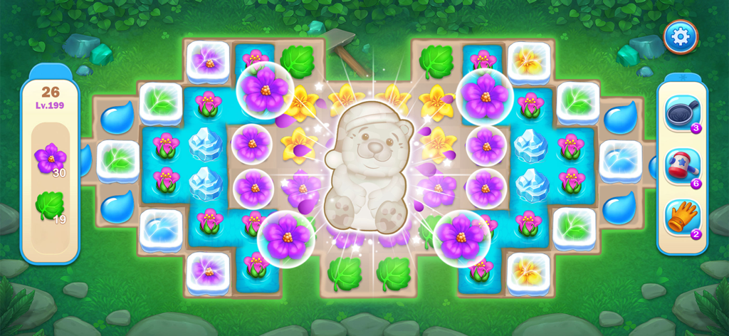 Blossom Sort 2026 - A colorful flower matching puzzle board from Blossom Sort 2026 featuring a glowing bear character and vibrant garden theme.