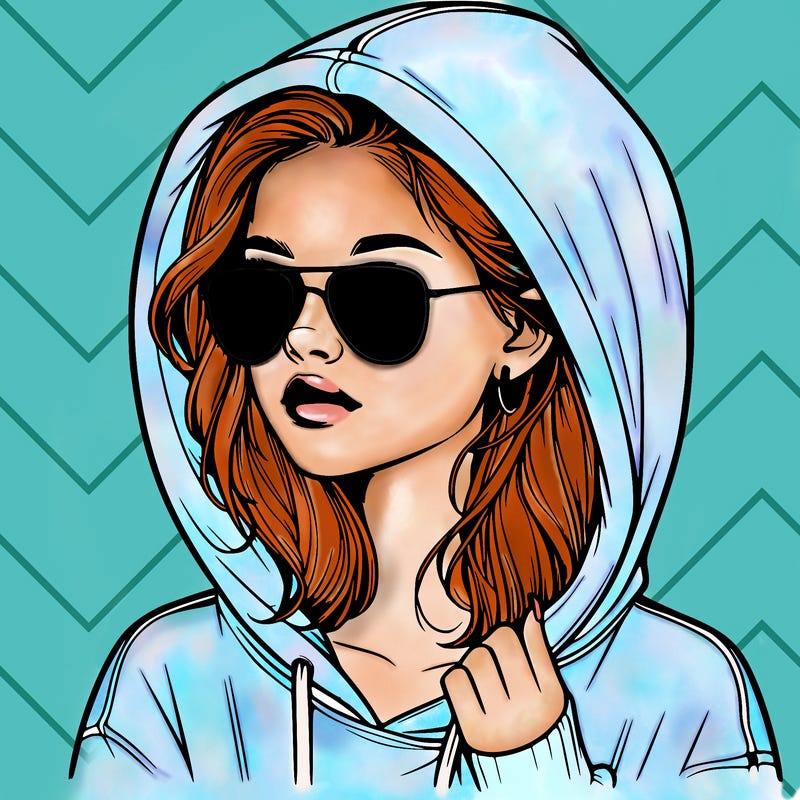realistic teenage girl, wearing a hoodie and sunglasses