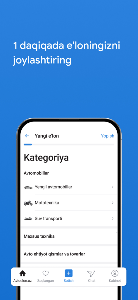 Avtoelon.uz — авто объявления - Category selection screen in the Avtoelon app for posting a new vehicle advertisement.