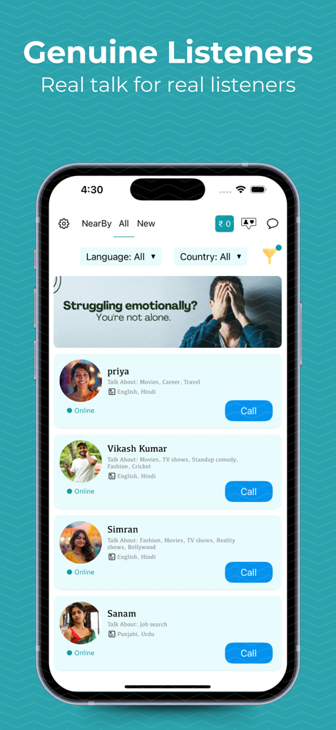 Oppy - A list of empathetic hearers on the Oppy app ready for emotional support calls