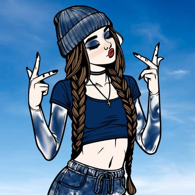 realistic teenage girl with braids and a beanie and crop top doing 🫶🏼