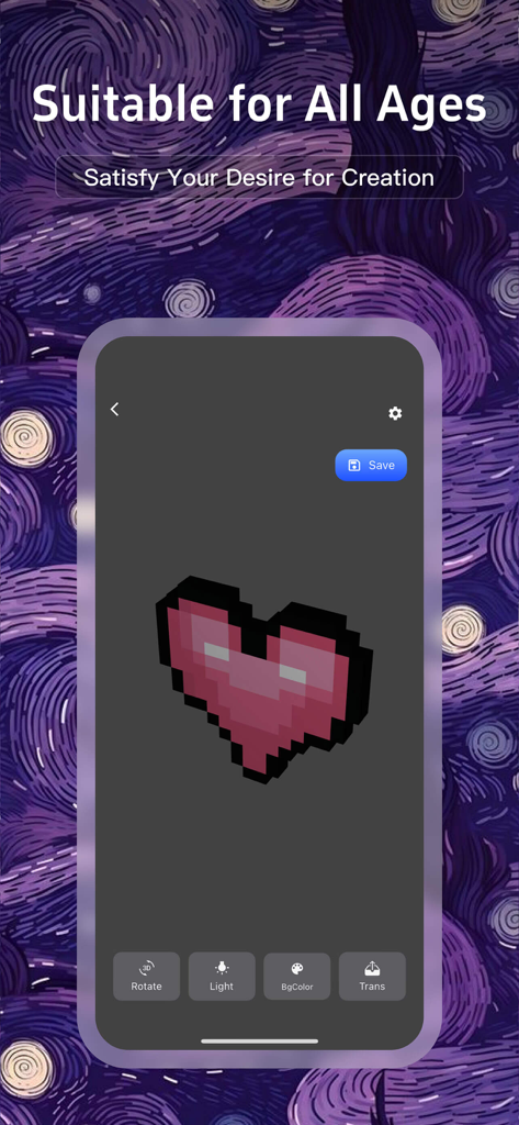 Pixel3D app interface showing a pink 3D pixel heart model with editing options like rotate and lighting