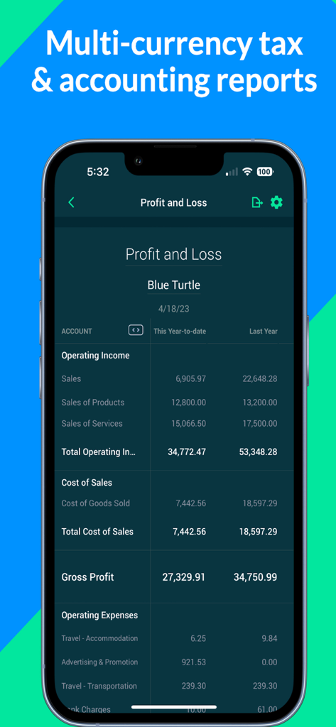App mobile Fiskl che visualizza un resoconto dettagliato di profitti e perdite per la contabilità aziendale.