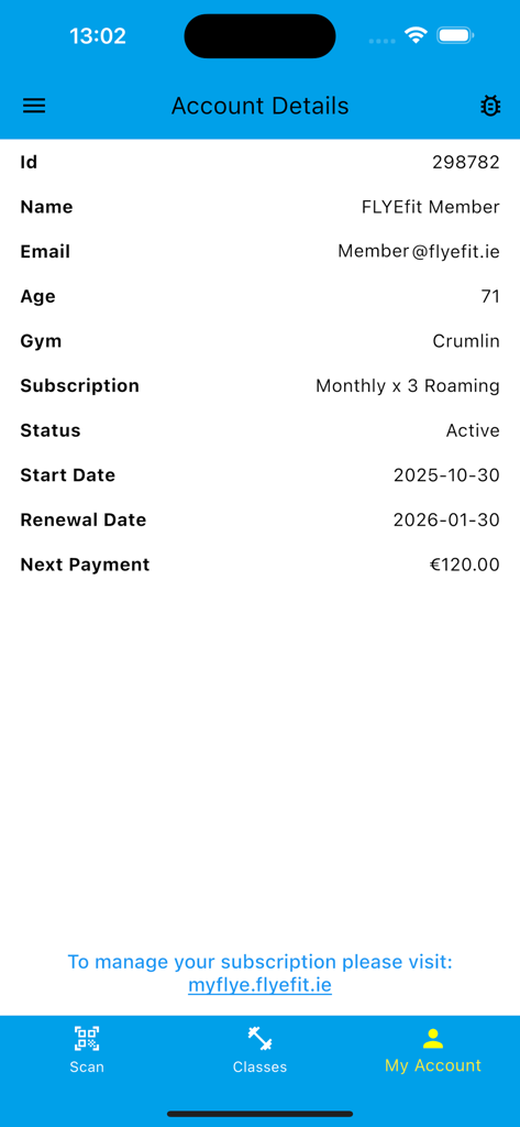 FLYEfit - Account details screen of the FLYEfit app showing membership status and subscription information.