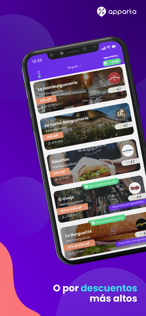 Apparta - Liste des restaurants de l'application mobile Apparta avec des réductions et des offres de cashback.