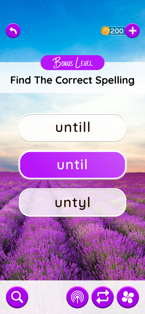 A spelling bonus level in Word Voyage game featuring a lavender field background and multiple word choices