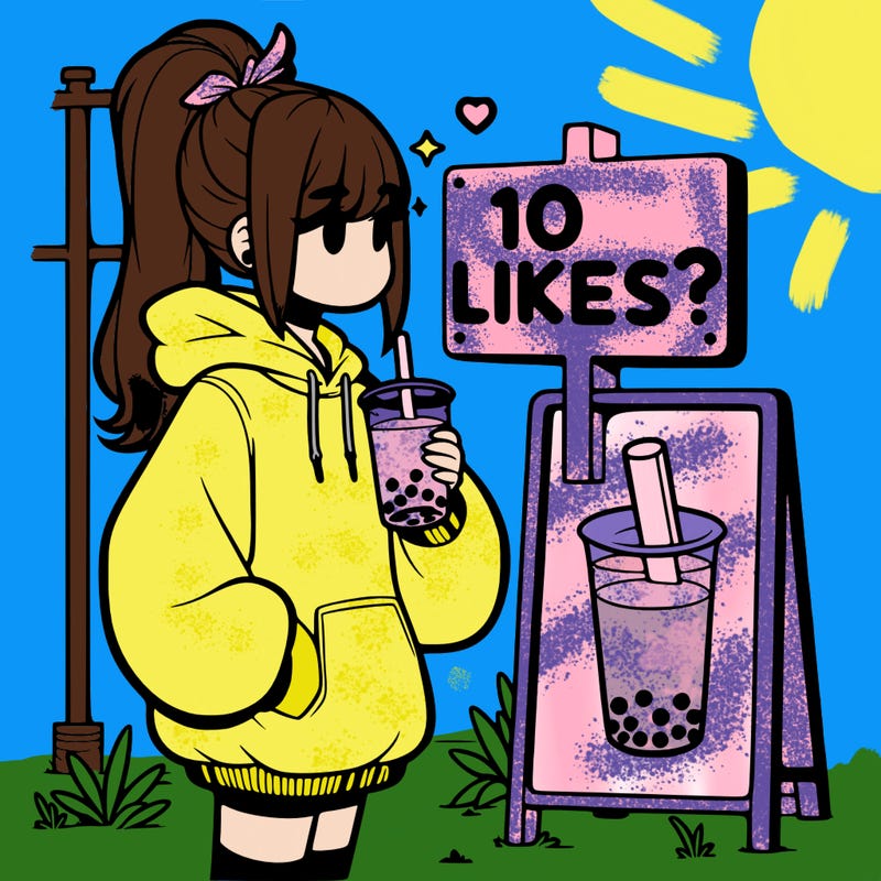 girl with oversized hoodie drinking boba and she has a high ponytail with a sign that says 10likes?