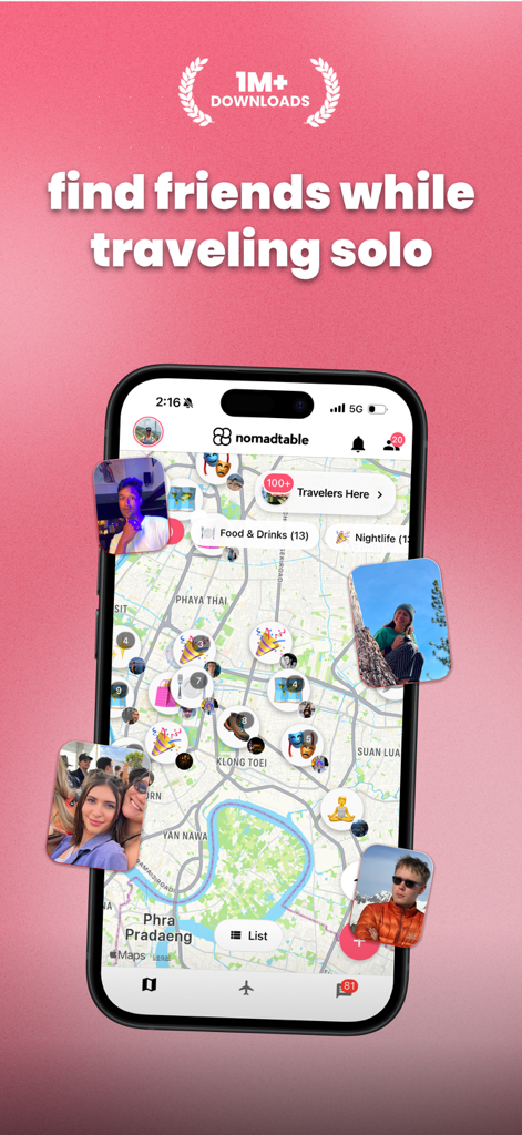 nomadtable: travel friends - A smartphone showing the Nomadtable app map interface with profile pictures of nearby solo travelers and local social activities