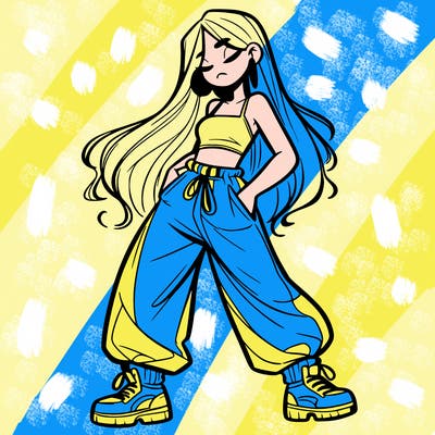 girl in baggy pants crop top and long hair