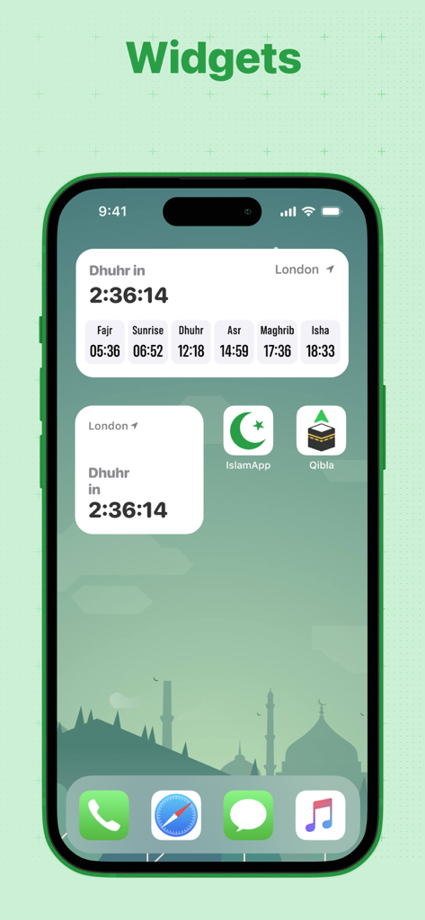 IslamApp: Prayer times, Qibla - IslamApp iOS home screen featuring prayer time widgets and Qibla compass shortcut