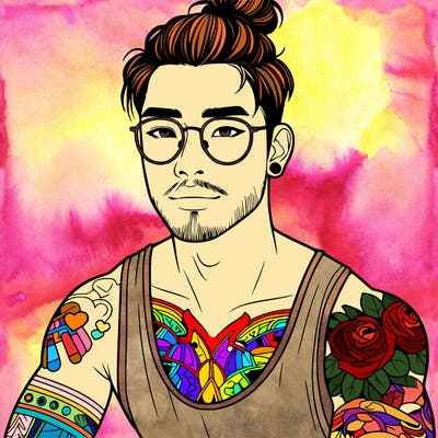 young attractive asian man with a man-bun, glasses, and tattoo's