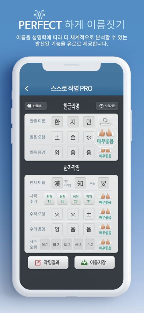 작명어플 : 넴유베 (Name Your Baby) - A smartphone display of the Nem-Yu-Be app showing professional Korean baby naming analysis with traditional theory ratings.