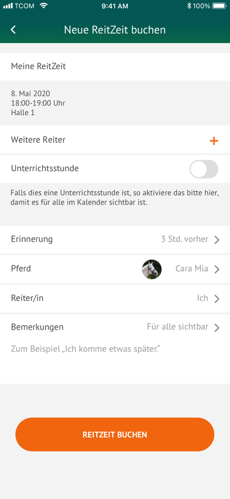 Interface of the ReitZeit app showing a booking form for a horse riding session in an arena.