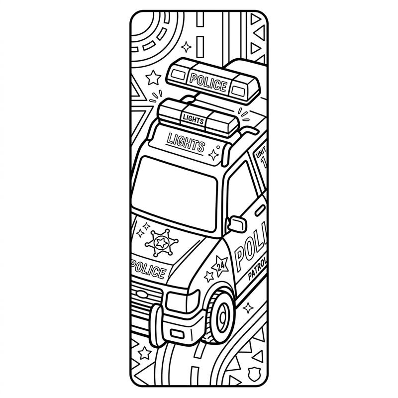 Get ready for an exciting coloring adventure with this police patrol car bookmark! Perfect for keeping your place in your favorite books while celebrating community heroes.