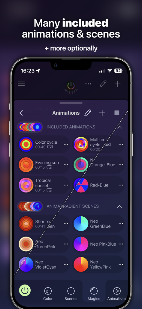 Interface of iConnectHue app showing a list of smart lighting animations and gradient scenes on an iPhone