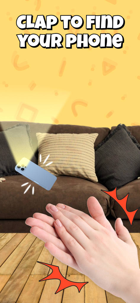 Find My Phone By Clap & Alarm - ソファの上で失くしたスマートフォンにアラームをトリガーするために手を叩いている人の写真