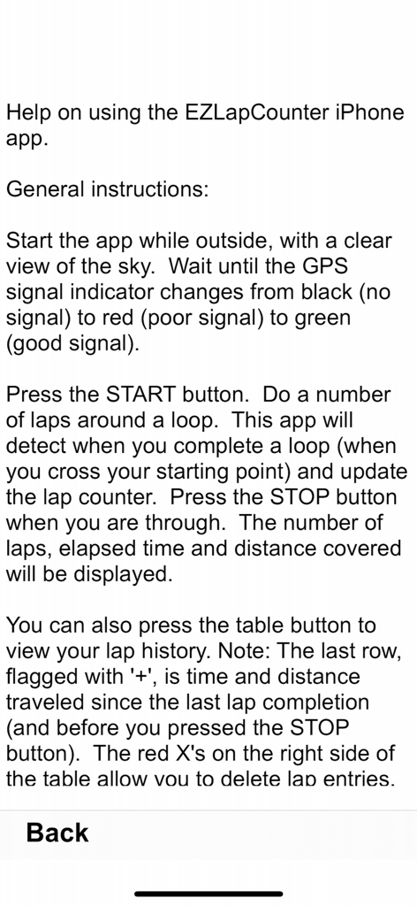 EZLapCounter - EZLapCounter의 도움말 화면으로 GPS 랩 추적 및 기록에 대한 지침 표시