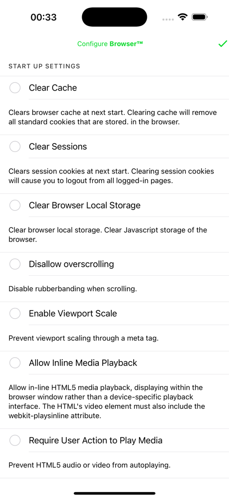 Web Messenger for Dual Chat - Interface of the Web Messenger for Dual Chat app showing browser startup settings including options to clear cache and manage sessions.