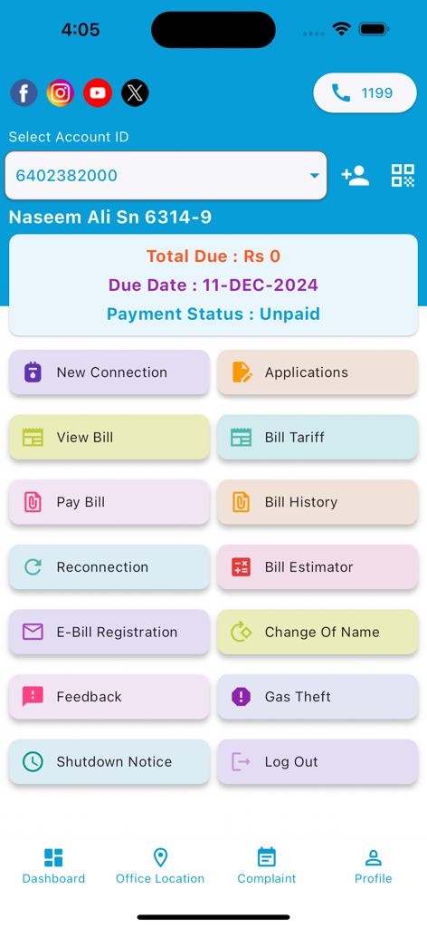 SNGPL ConnectOn - SNGPL ConnectOn mobile app dashboard displaying gas utility management options including bill payment and connection status